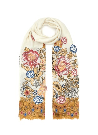 Main View - Click To Enlarge - JANAVI - Floral Embroidery Lace Trimmed Cashmere Scarf