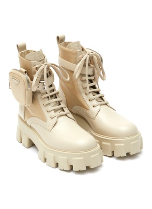 Detail View - Click To Enlarge - PRADA - ‘Monolith' Platform Leather Combat Boots with Detachable Pouch
