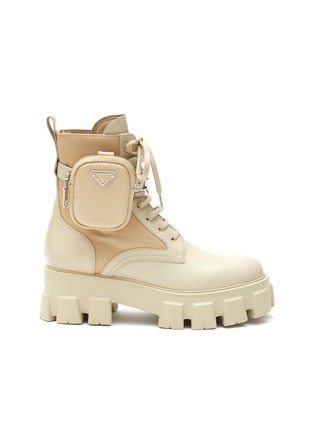 Main View - Click To Enlarge - PRADA - ‘Monolith' Platform Leather Combat Boots with Detachable Pouch