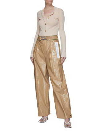 Figure View - Click To Enlarge - BOTTEGA VENETA - Smocked belt rubberised linen pants