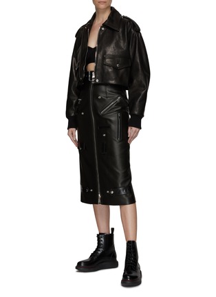 Figure View - Click To Enlarge - ALEXANDER MCQUEEN - ‘RAINY’ CROPPED LAMBSKIN LEATHER AVIATOR JACKET