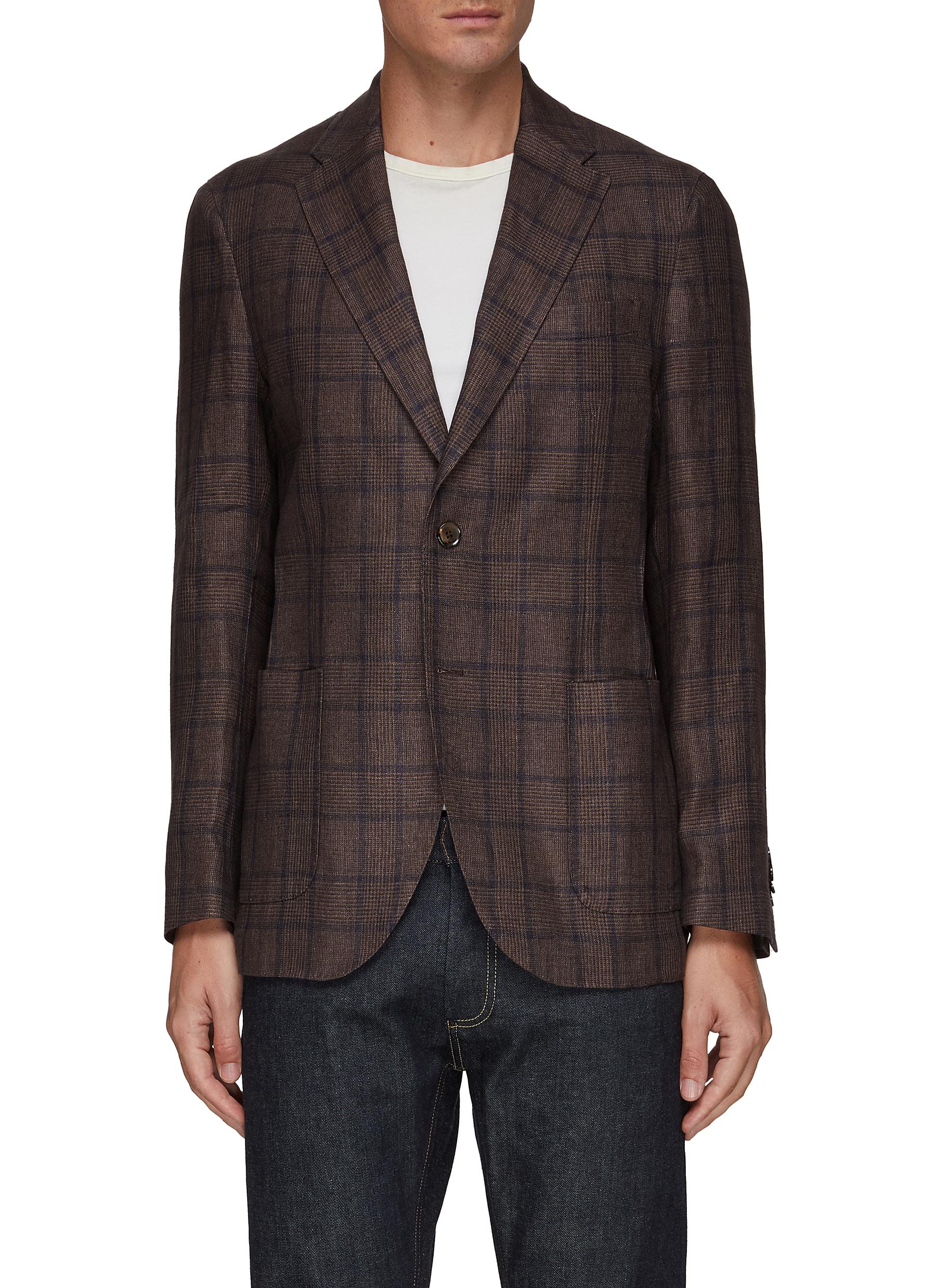Equil Notch Lapel Patch Unlined Single Breasted Big Check Blazer In Neutral