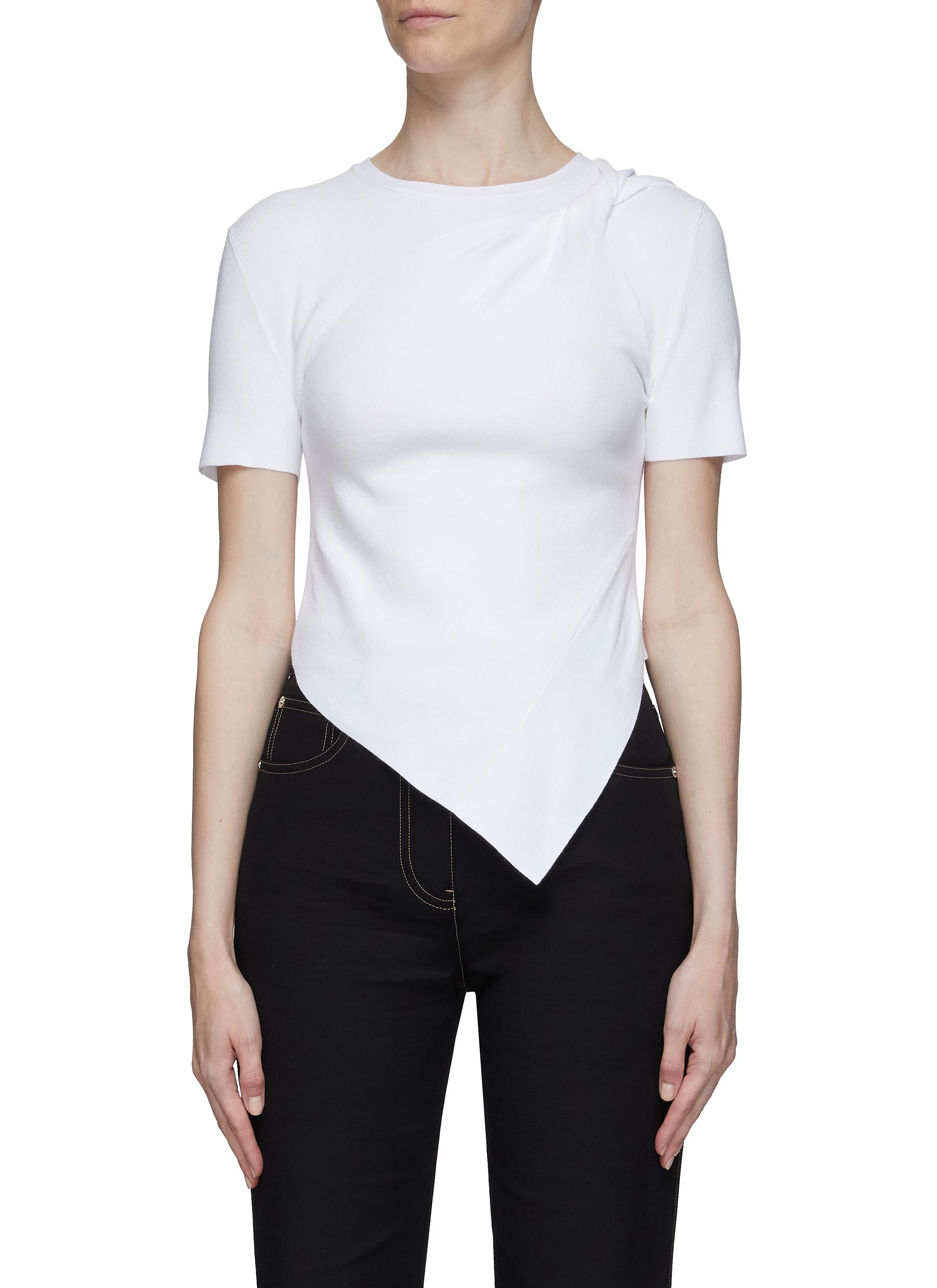 Twist shoulder asymmetric hem T-shirt 