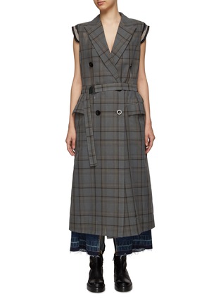 Main View - Click To Enlarge - SACAI - BELTED GLENCHECK PATTERN DOUBLE BREASTED SLEEVELESS TRENCH COAT