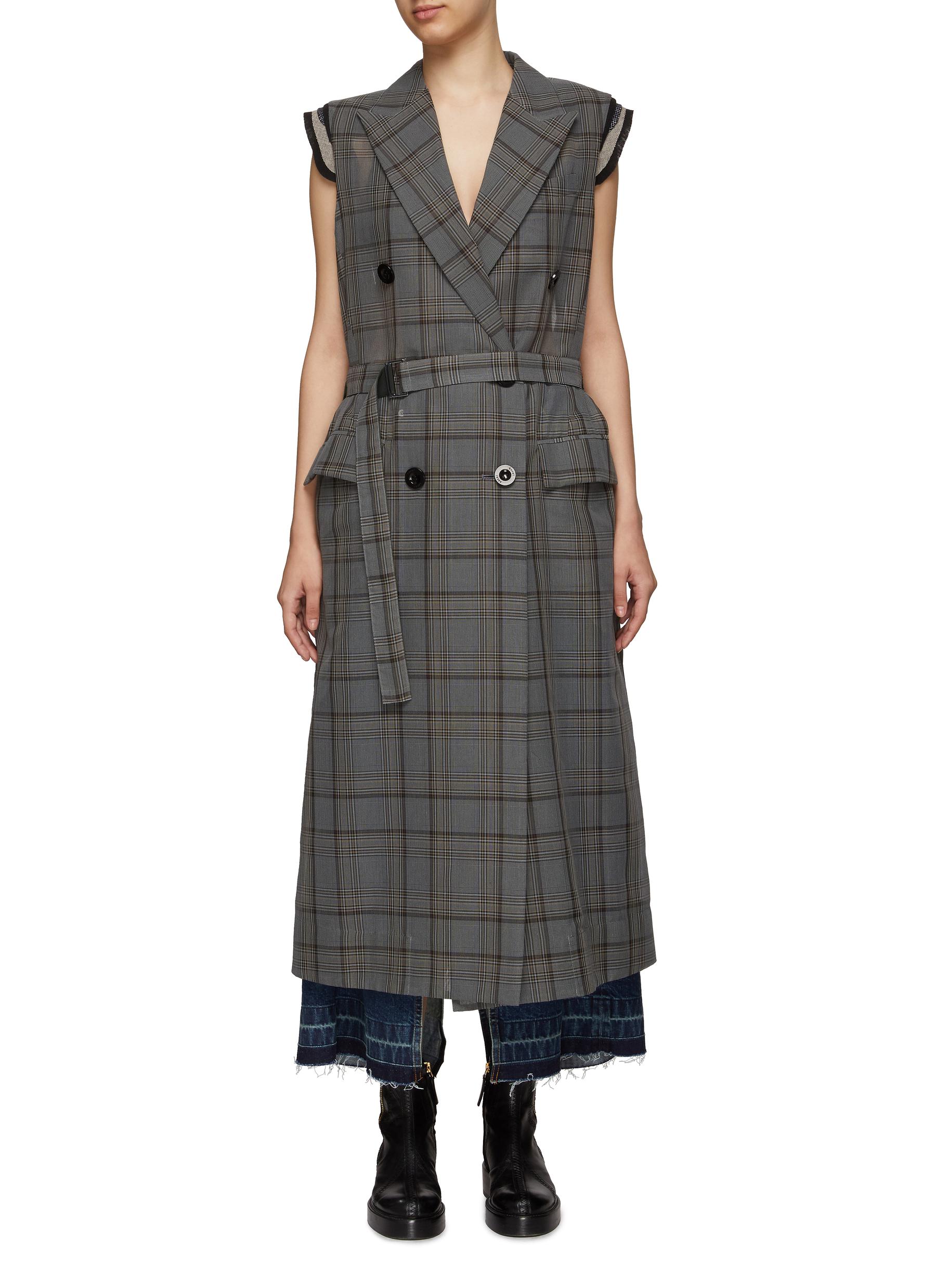 BELTED GLENCHECK PATTERN DOUBLE BREASTED SLEEVELESS TRENCH COAT