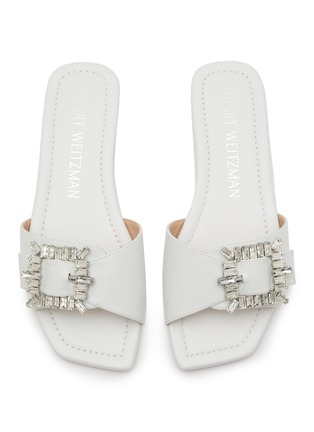 Detail View - Click To Enlarge - STUART WEITZMAN - ‘SHINE BUCKLE’ SQUARE TOE CRYSTAL EMBELLISHED BUCKLE LEATHER SANDALS
