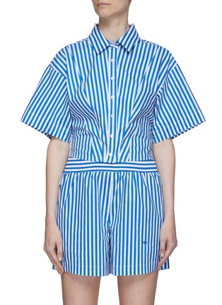 Main View - Click To Enlarge - FRAME - SEAM DETAIL SHORT SLEEVE STRIPE CROPPED COTTON SHIRT