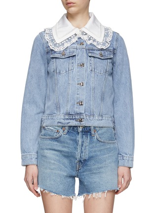 Main View - Click To Enlarge - MING MA - CRYSTAL EMBELLISHED BUTTON LACE TRIM COLLAR DENIM JACKET