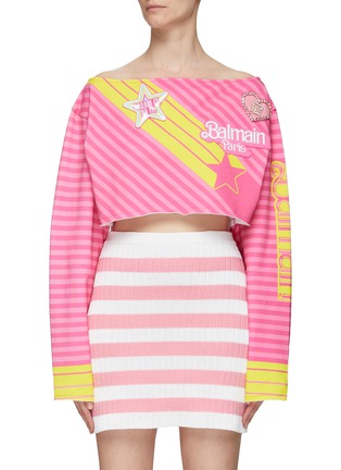 Main View - Click To Enlarge - BALMAIN - X BARBIE OFF SHOULDER GRAPHIC PRINT CROPPED COTTON JERSEY T-SHIRT