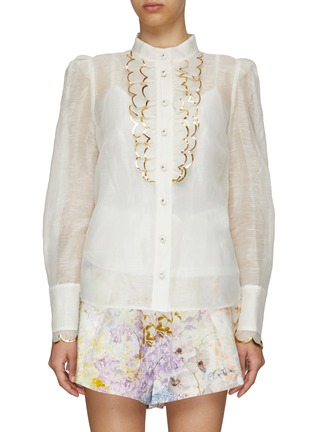 Main View - Click To Enlarge - ZIMMERMANN - ‘Danced' metallic trim scalloped placket blouse