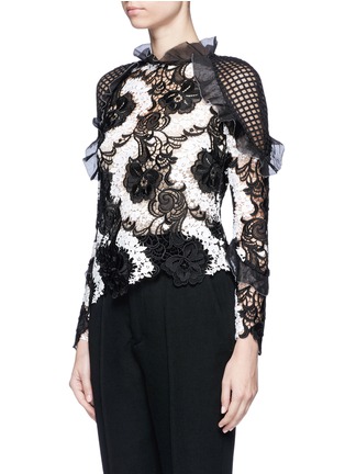 Front View - Click To Enlarge - SELF-PORTRAIT - Organza frill asymmetric floral guipure lace top