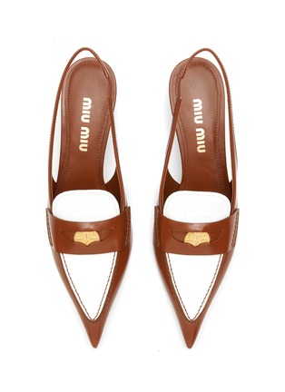 Detail View - Click To Enlarge - MIU MIU - Logo brooch point toe leather mules