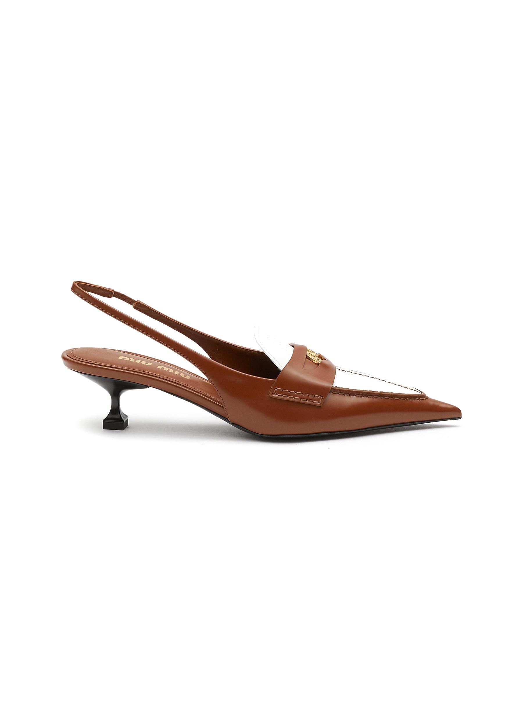 MIU MIU Logo brooch point toe leather mules BROWN Women