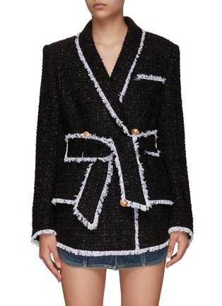 Main View - Click To Enlarge - BALMAIN - BELTED SIX BUTTON SHAWL COLLAR TWEED JACKET