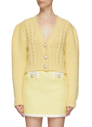 Main View - Click To Enlarge - ALESSANDRA RICH - PUFF SLEEVE WOOL BLEND CABLE KNIT CROPPED CARDIGAN