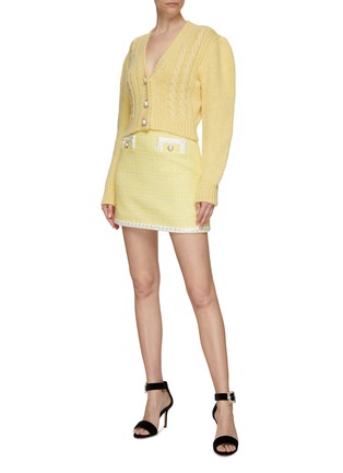 Figure View - Click To Enlarge - ALESSANDRA RICH - PUFF SLEEVE WOOL BLEND CABLE KNIT CROPPED CARDIGAN