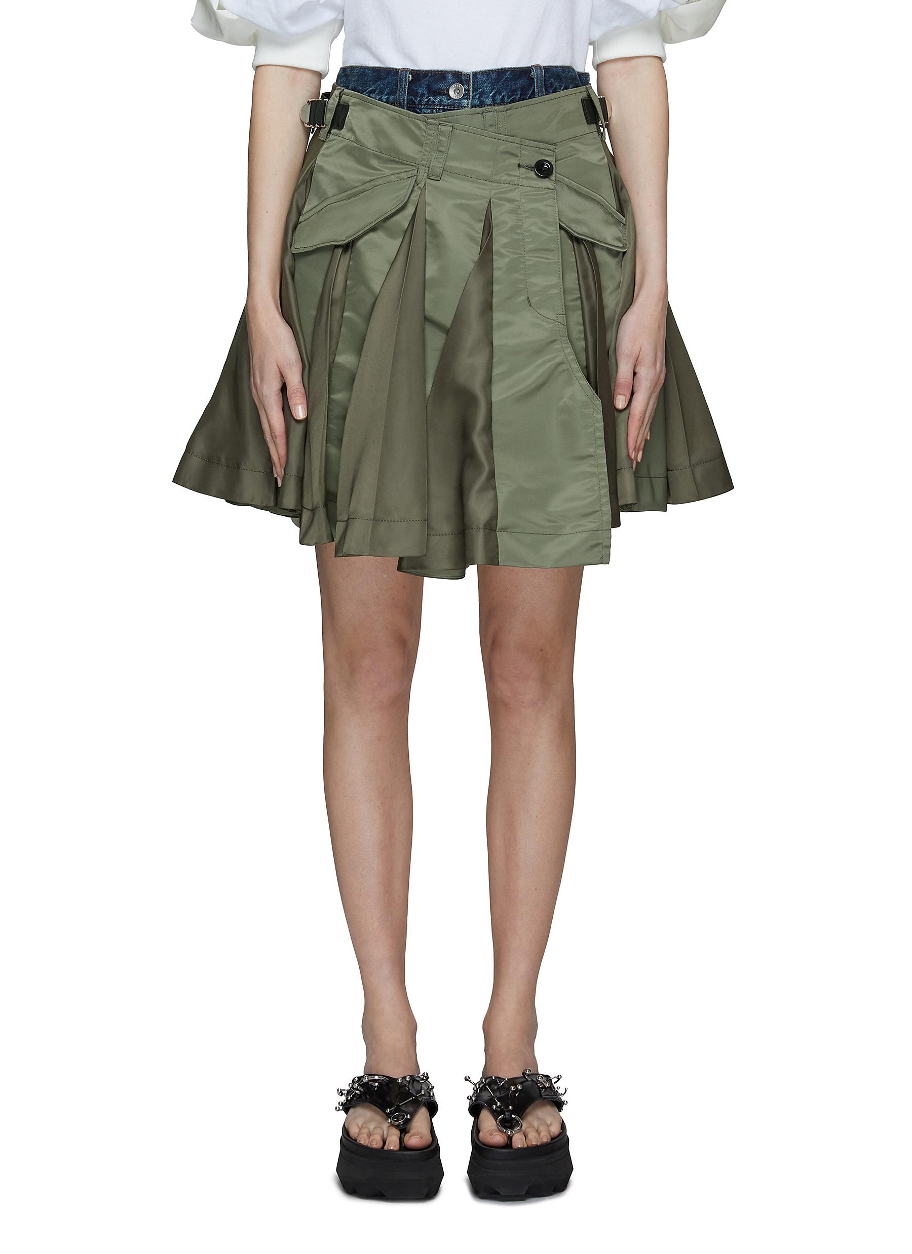 Deconstructed nylon mix denim skorts 
