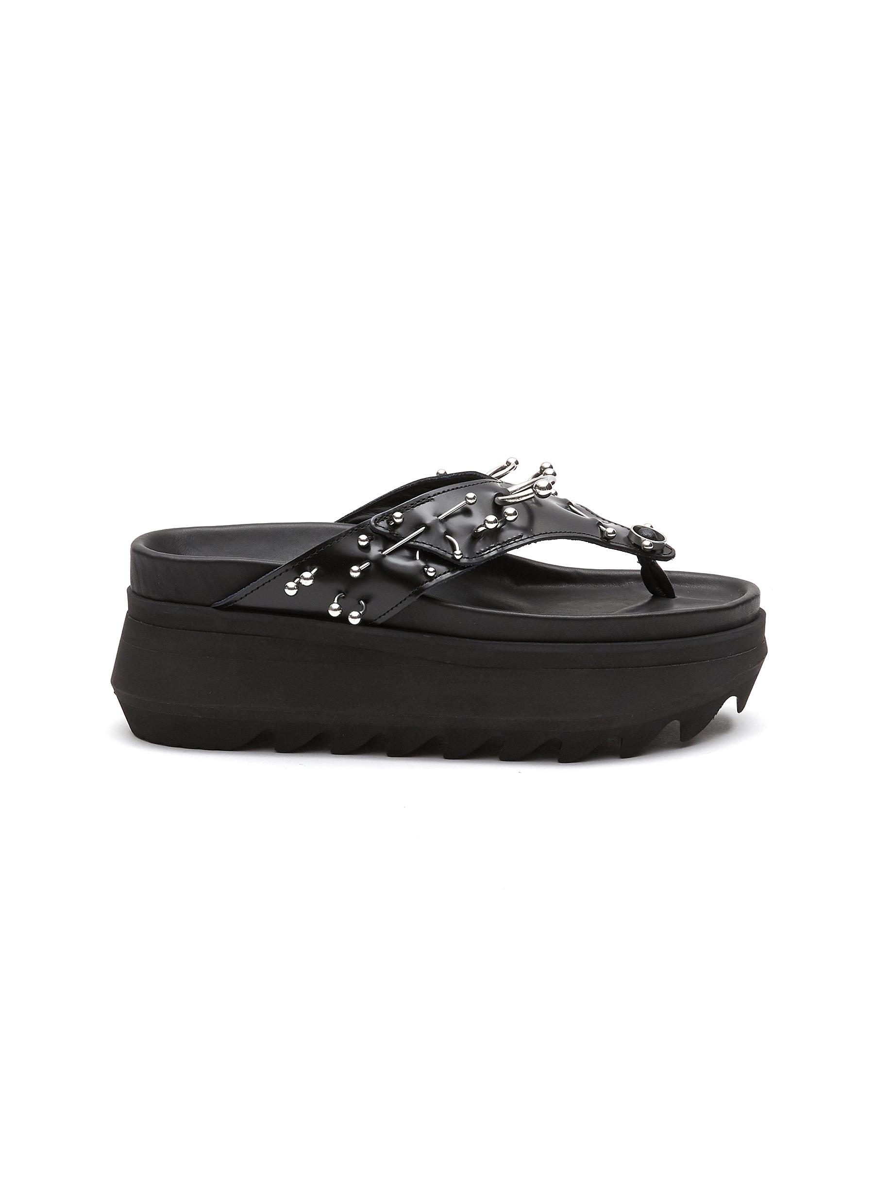 Sacai Black Leather Wedge Thong Sandals | Smart Closet