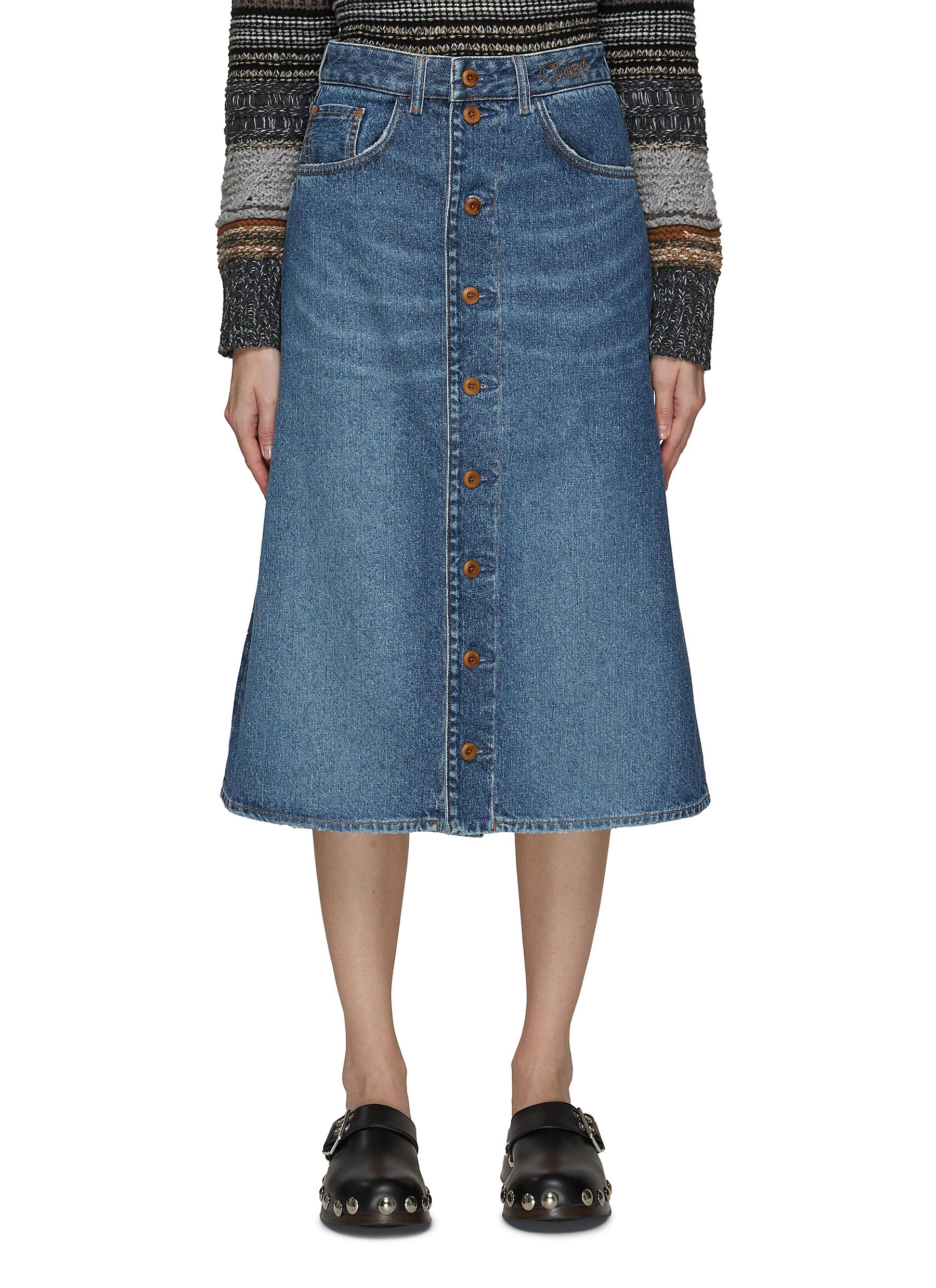 Button-Up Front Denim Midi Skirt