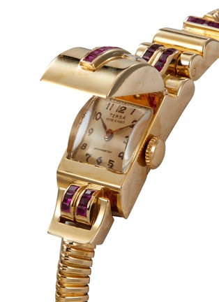 Detail View - Click To Enlarge - LANE CRAWFORD VINTAGE COLLECTION - TERSA Diamond Ruby concealed silver dial 9K yellow gold case lady watch