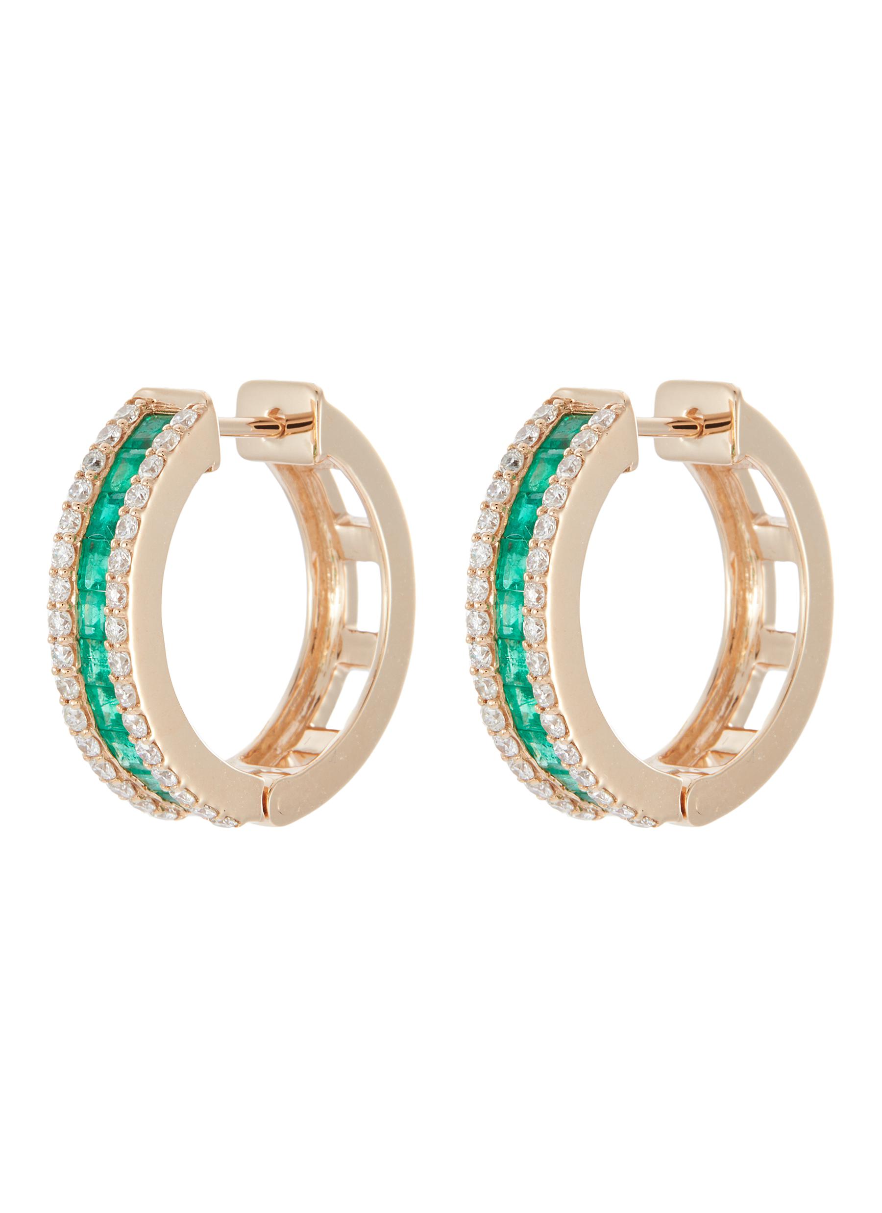 BEE GODDESS 'Mondrian' Diamond Emerald 14k Gold Hoop Earrings