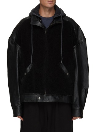 Main View - Click To Enlarge - BALENCIAGA - Grainy Leather Faux Shearling Hooded Zip-Up Jacket