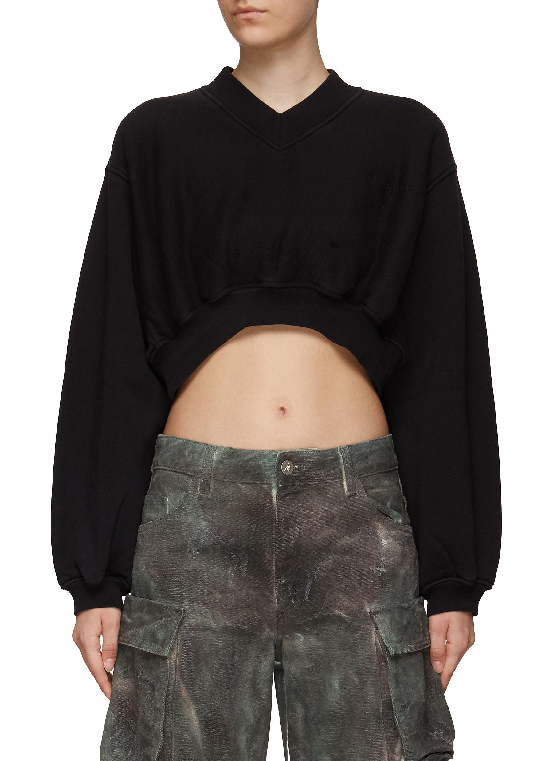 Logo Embroidery Cotton V-Neck Cropped Pullover