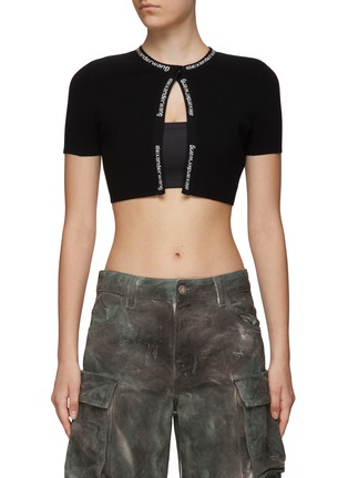 Main View - Click To Enlarge - T BY ALEXANDER WANG - Logo Jacquard Trim Cropped Short-Sleeved Bodycon Cardigan