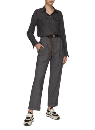 Figure View - Click To Enlarge - BRUNELLO CUCINELLI - BELTED PLEAT DETAIL FLAT FRONT TAILORED PANTS
