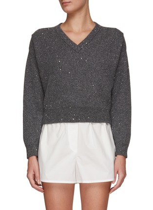 Main View - Click To Enlarge - BRUNELLO CUCINELLI - V-NECK SEQUINED CROPPED SWEATER
