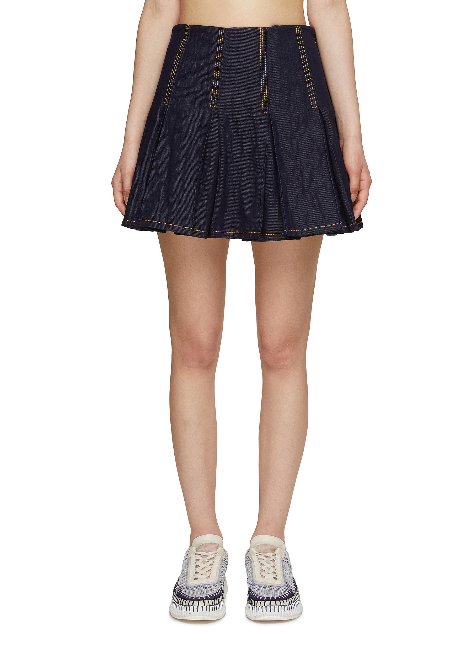 BOTTEGA VENETA Pleated Crinkled Denim Mini Skirt