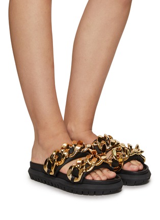 Figure View - Click To Enlarge - SACAI - CUBAN CHAIN EMBELLISHED COWHIDE LEATHER FLATFORM SLIDES
