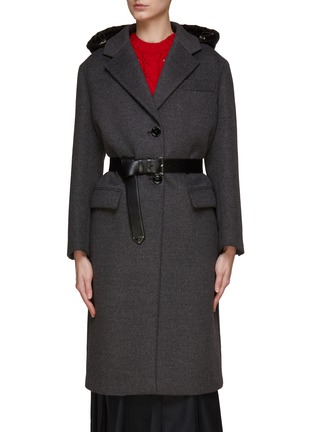Main View - Click To Enlarge - PRADA - Re-Nylon Hood Belted Virgin Wool Blend Single-Breasted Coat