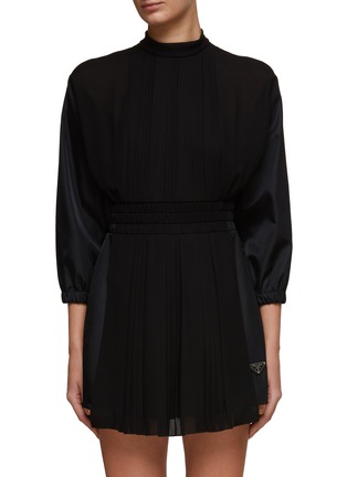 Main View - Click To Enlarge - PRADA - LOGO APPLIQUÉ HIGH COLLAR MID SLEEVE RE-NYLON MINI DRESS
