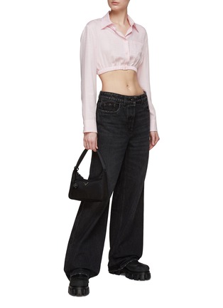 Figure View - Click To Enlarge - PRADA - Logo Stripe Drawstring Hem Silk Cropped Shirt