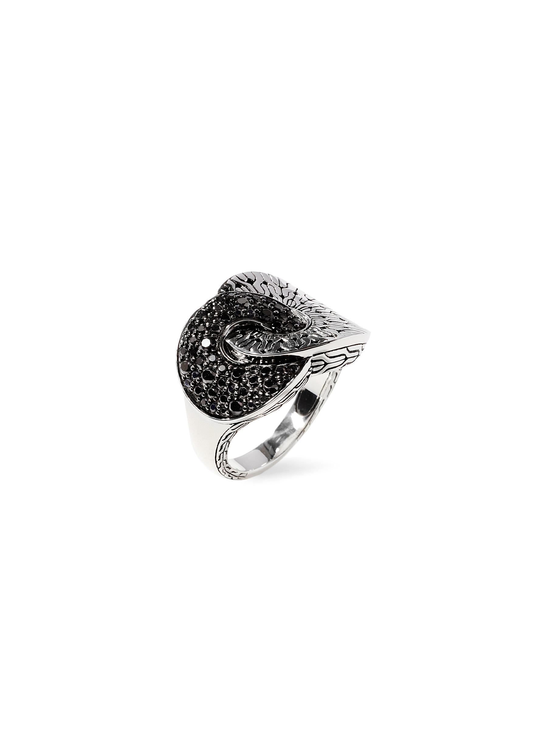 JOHN HARDY ‘CLASSIC CHAIN' TREATED BLACK SAPPHIRE SPINEL STERLING SILVER HAMMERED RING