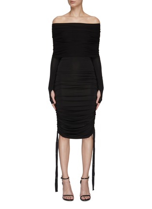 Main View - Click To Enlarge - DION LEE - ‘DORIC’ GATHERED DETAIL OFF THE SHOULDER KNEE LENGTH DRESS