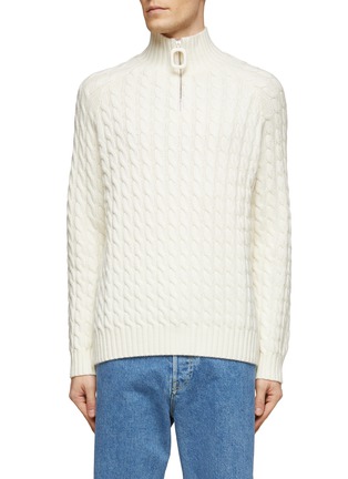Main View - Click To Enlarge - JW ANDERSON - LONG SLEEVE HIGH NECK SIGNATURE RING PULLER CABLE KNIT MERINO WOOL SWEATER