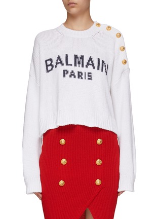 Main View - Click To Enlarge - BALMAIN - Buttoned Shoulder Logo Cropped Cotton Blend Knit Pullover