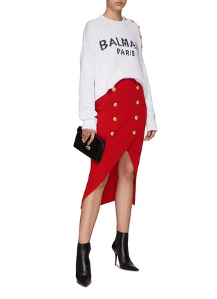 Figure View - Click To Enlarge - BALMAIN - Buttoned Shoulder Logo Cropped Cotton Blend Knit Pullover