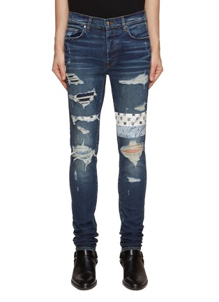 Main View - Click To Enlarge - AMIRI - SILK PAISLEY MA LOGO ART PATCH HEAVY DISTRESSING SKINNY JEANS