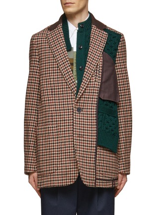 Main View - Click To Enlarge - KOLOR - CABLE KNIT CARDIGAN PATCH HOUNDSTOOTH WOOL BLAZER