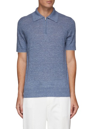 Main View - Click To Enlarge - BRUNELLO CUCINELLI - HALF ZIP FRONT TIPPED SLEEVE HEM LINEN COTTON POLO SHIRT