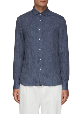 Main View - Click To Enlarge - BRUNELLO CUCINELLI - Spread Collar Pinstriped Linen Leisure Shirt