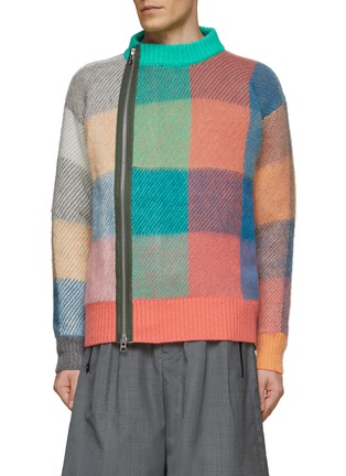 Main View - Click To Enlarge - SACAI - PLAID SIZE ZIP MOHAIR WOOL JUMPER