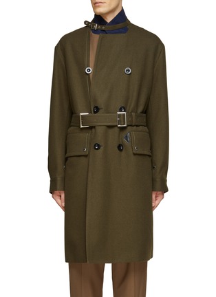 Main View - Click To Enlarge - SACAI - BELTED DOUBLE BREASTED BUCKLE COLLAR MELTON WOOL TRENCH COAT