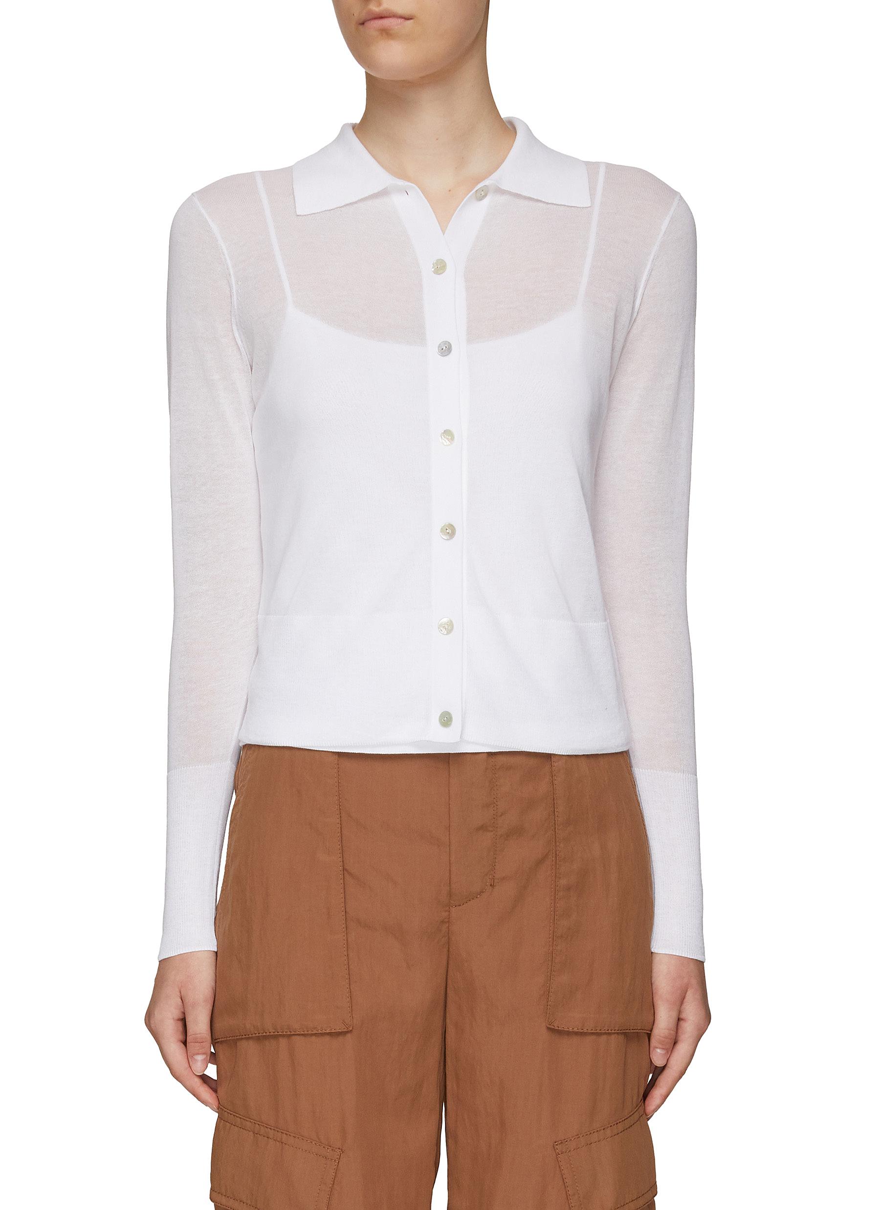 VINCE Wing Collar See-Through Cotton Knit Shirt