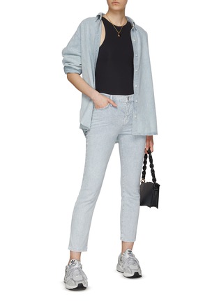 Figure View - Click To Enlarge - FRAME - ‘Le High Straight’ Pinstripe Light Wash Cropped Slim Jeans