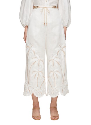 Main View - Click To Enlarge - ZIMMERMANN - ‘Lyre’ Belted Palm Tree Embroidery Linen Pants