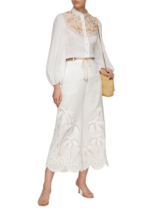 Figure View - Click To Enlarge - ZIMMERMANN - ‘Lyre’ Belted Palm Tree Embroidery Linen Pants